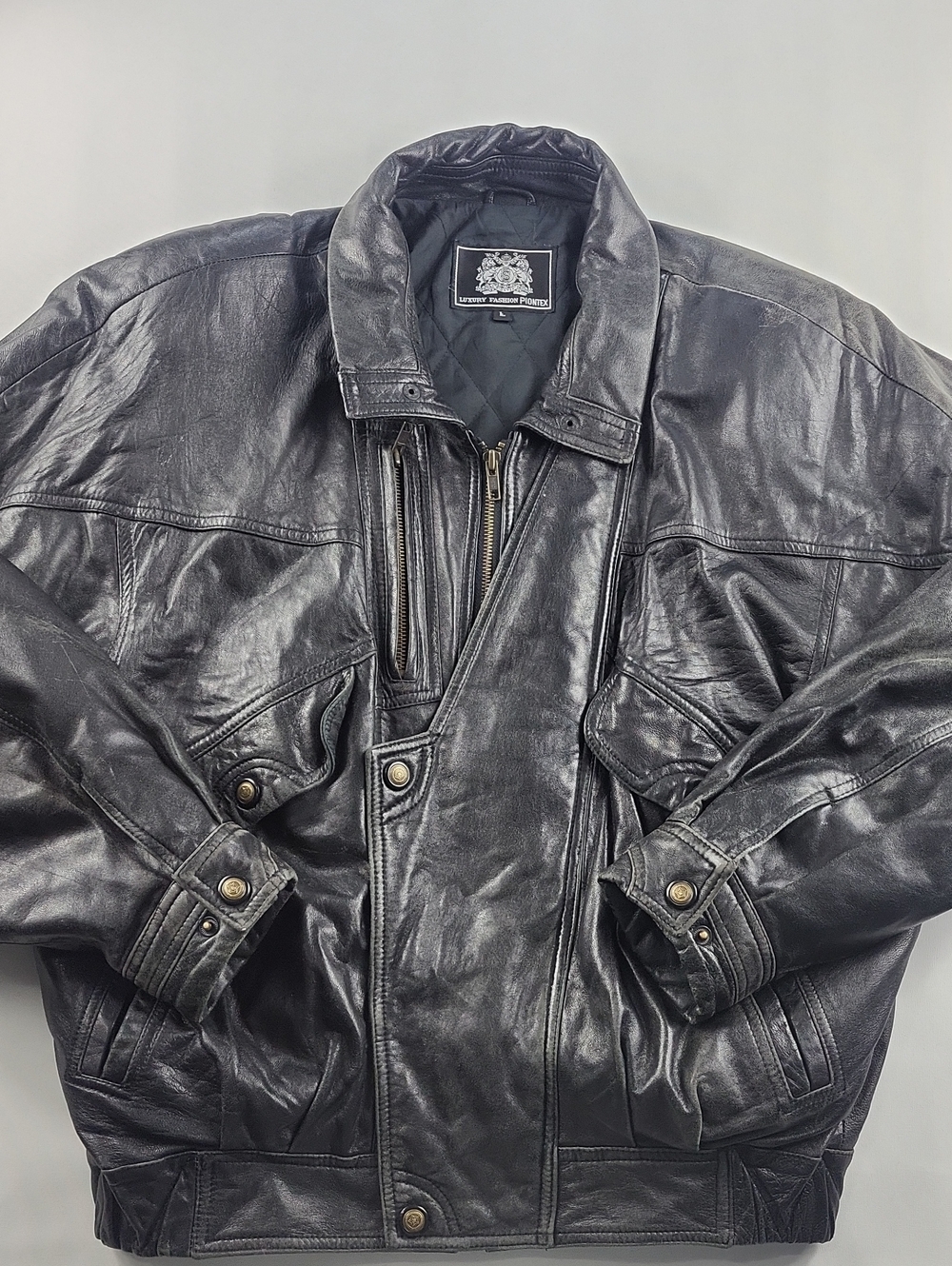 Vintage Genuine Black Leather Bomber Jacket – Distressed Oversized Moto Gorpcore